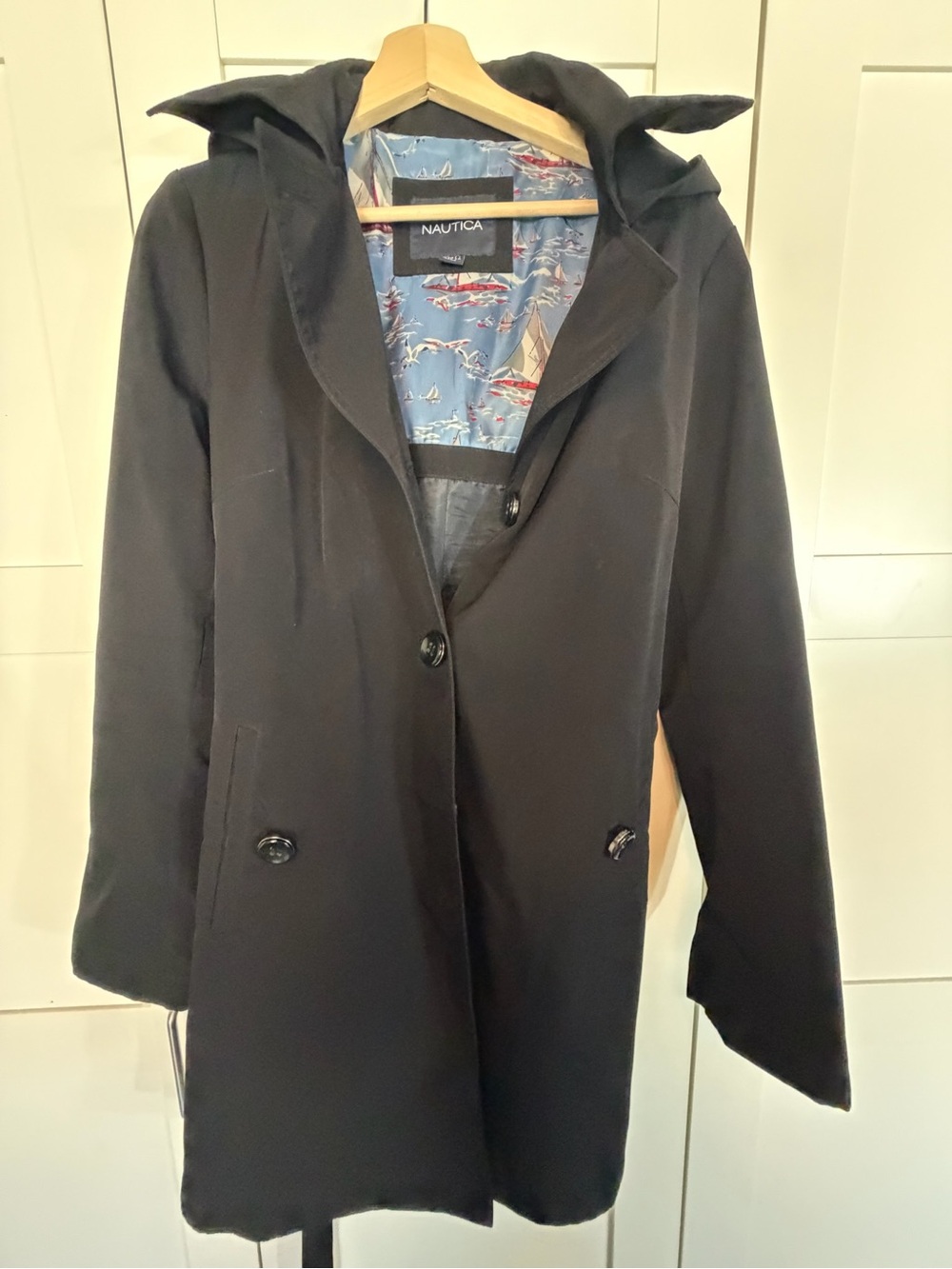 Nautica Black Hooded Women's Trench Coat with Nautical Printed Lining